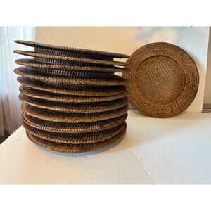 Caspari Rattan Round Plate Chargers in Dark Natural Brown, LOT OF 12